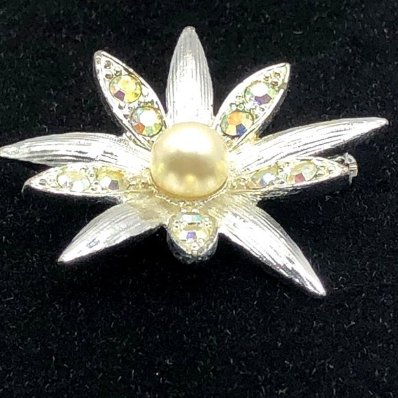 Emmons Signed Vintage Brooch Flower AB Crystal Aurora Borealis Rhinestones - Picture 9 of 13
